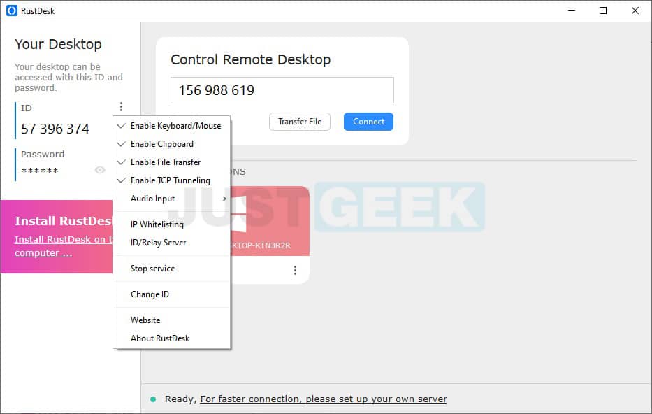 Options available in RustDesk for secure, customized remote connections