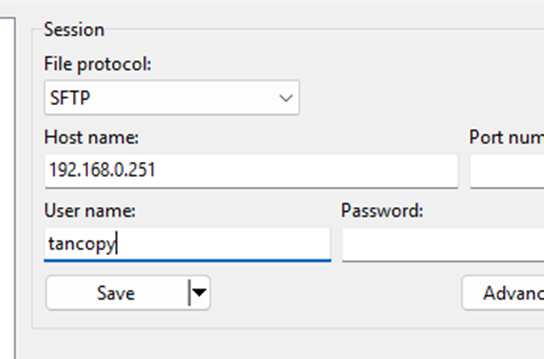 WinSCP session setup for tancopy