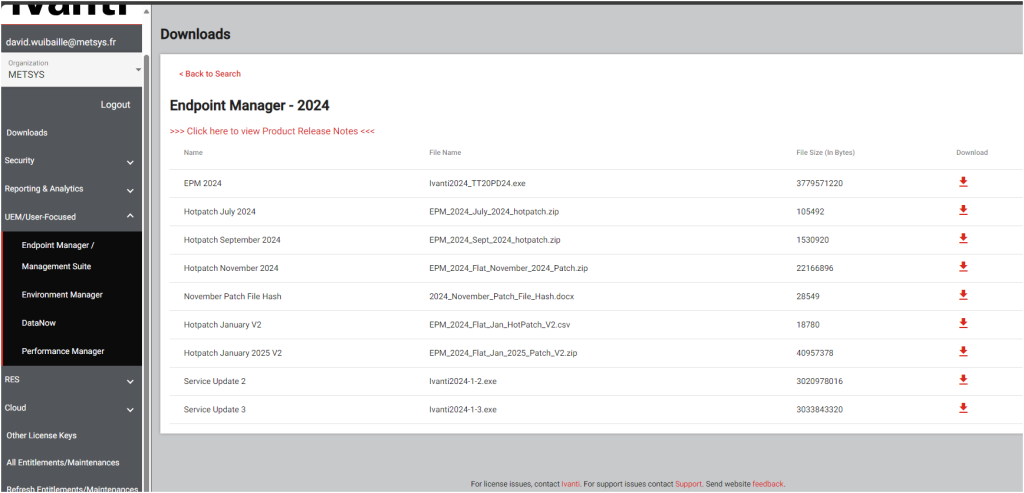 Screenshot of Ivanti Endpoint Manager downloads page showing hotpatch files and links to download patches