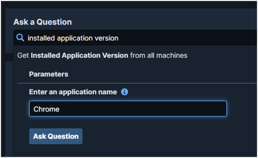 Screenshot of Tanium Interact query "installed application version" showing parameters for the Chrome application