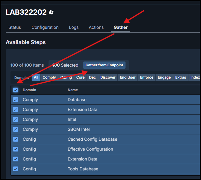 Gather tab with selected log domains